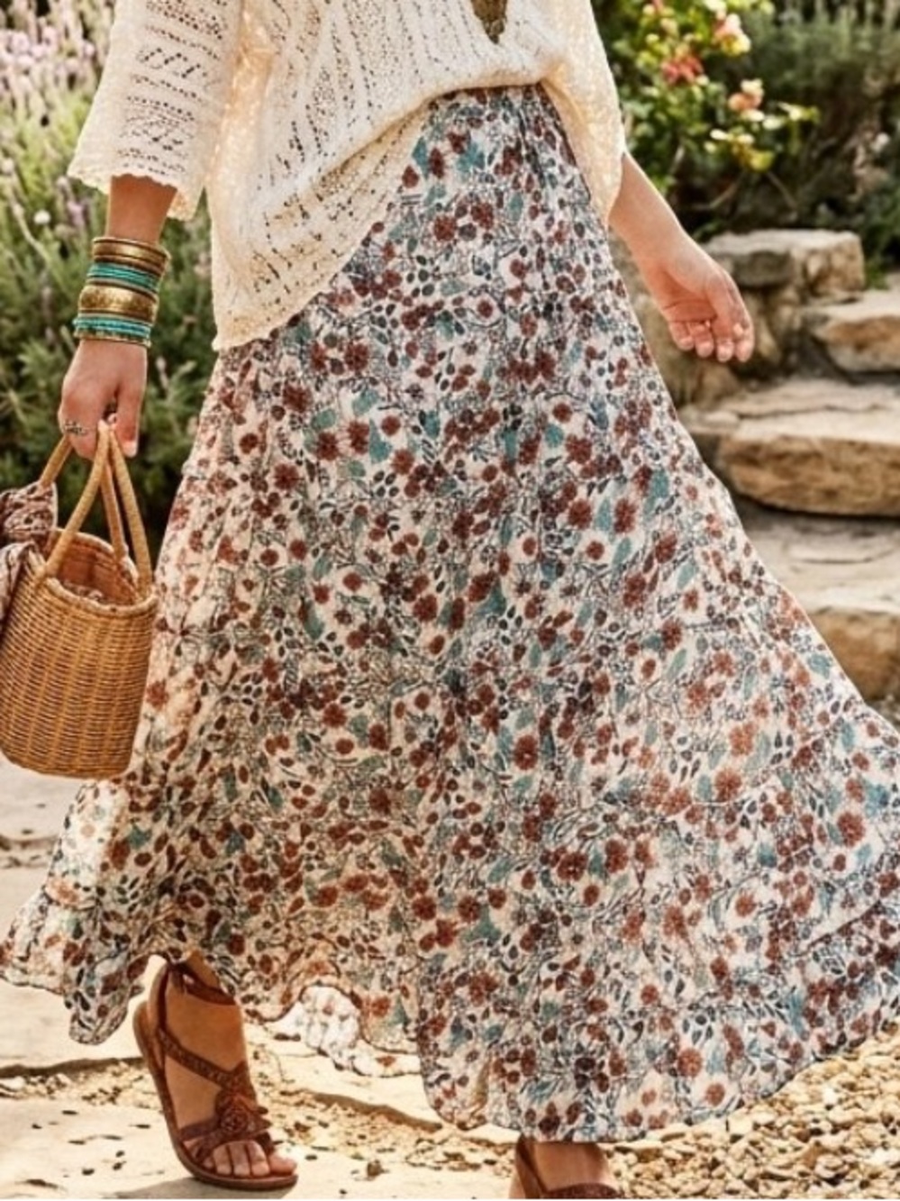 Boho Floral Maxi Skirt - Cream Floral